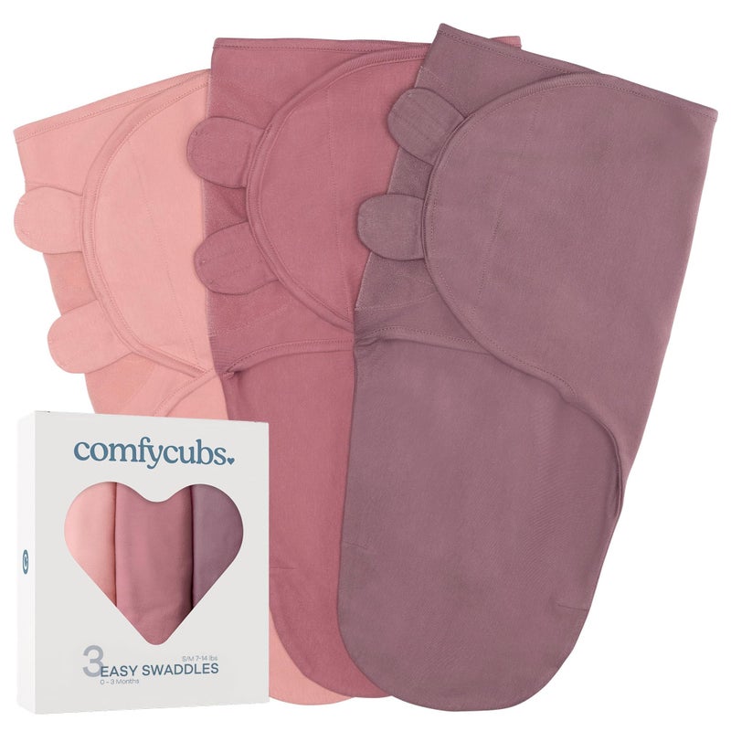 Comfy Cubs Easy Swaddle Blanket, 3 Pack - 100% Cotton Newborn Wrap, Small for 0-3 Months Infants, with Adjustable Velcro, Breathable and Durable Sleep Sack for Babies - Blush, Mauve & Mulberry - Image 1