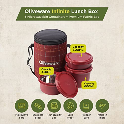 SOPL-OLIVEWARE Oliveware Infinite Lunch Box, Microwave Safe & Leak Proof, 3 Inside Steel Containers with BPA Free Airtight Lids (290ml, 450ml & 600ml), Fabric Bag (Red) - Image 2