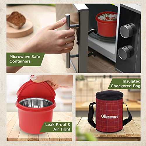 SOPL-OLIVEWARE Oliveware Infinite Lunch Box, Microwave Safe & Leak Proof, 3 Inside Steel Containers with BPA Free Airtight Lids (290ml, 450ml & 600ml), Fabric Bag (Red) - Image 5