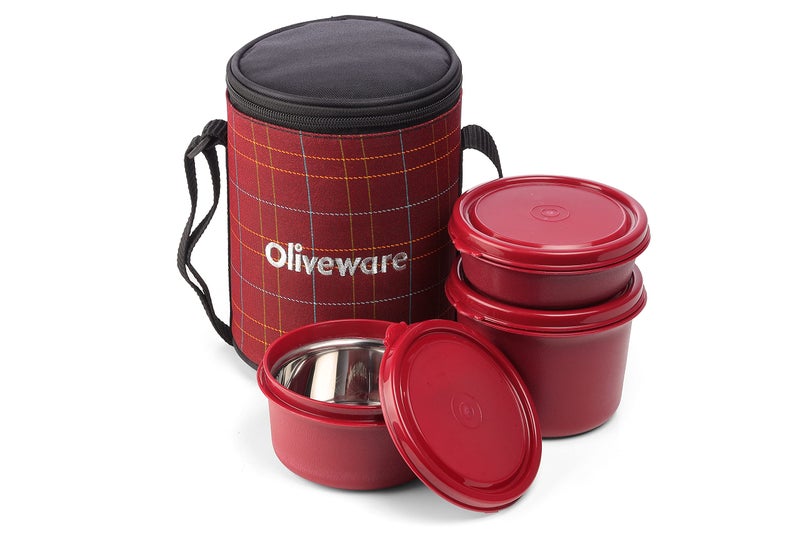 SOPL-OLIVEWARE Oliveware Infinite Lunch Box, Microwave Safe & Leak Proof, 3 Inside Steel Containers with BPA Free Airtight Lids (290ml, 450ml & 600ml), Fabric Bag (Red) - Image 1