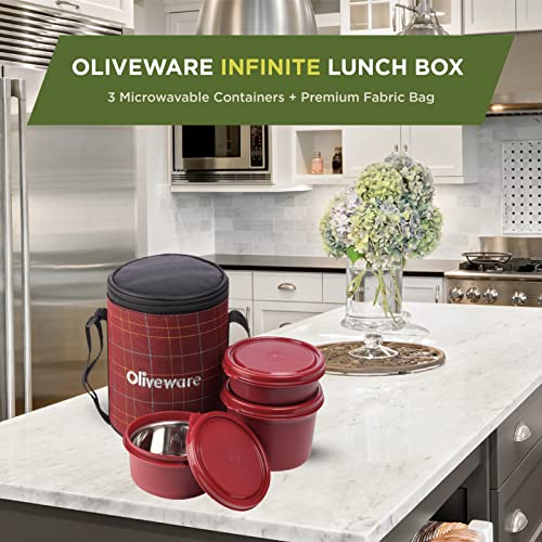 SOPL-OLIVEWARE Oliveware Infinite Lunch Box, Microwave Safe & Leak Proof, 3 Inside Steel Containers with BPA Free Airtight Lids (290ml, 450ml & 600ml), Fabric Bag (Red) - Image 4