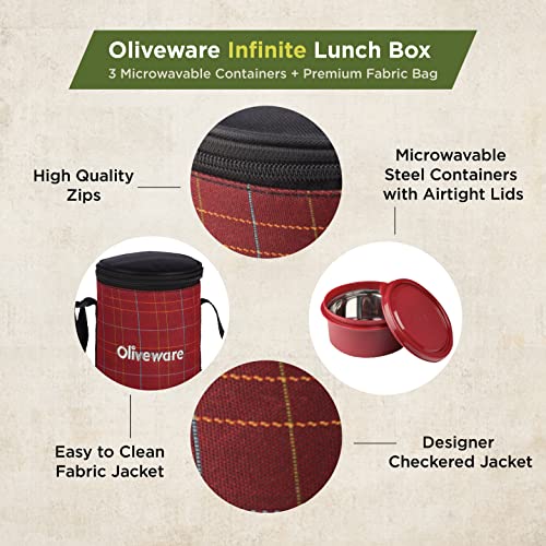 SOPL-OLIVEWARE Oliveware Infinite Lunch Box, Microwave Safe & Leak Proof, 3 Inside Steel Containers with BPA Free Airtight Lids (290ml, 450ml & 600ml), Fabric Bag (Red) - Image 3