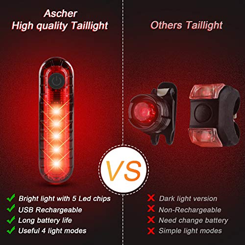 Ascher USB Rechargeable LED Bike Tail Lights 2 Pack, Bright Bicycle Cycling Rear Light, 4 Light Mode Options Safety Bike Light for Adults Men Women Road Mountain(2 USB Cables Included) - Image 3