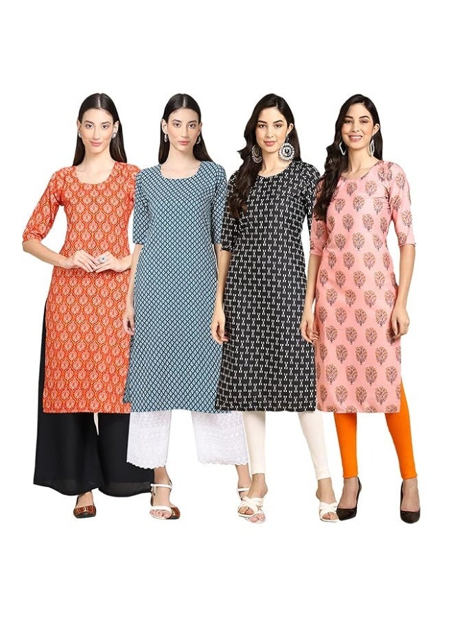 Pinkmint store Women's Crepe Print Straight Kurta [Pack of 4] S - Image 1