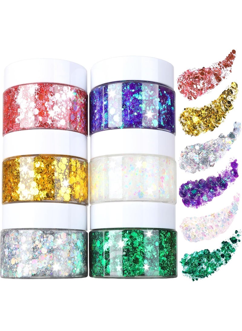 FANDAMEI FANDAMEI Body Glitter Gel- 6 Color Glitter Makeup Face Paint for Body&Face&Hair, Rave Festival Mermaid Halloween Concert, Hair Glitter for Kids & Women 