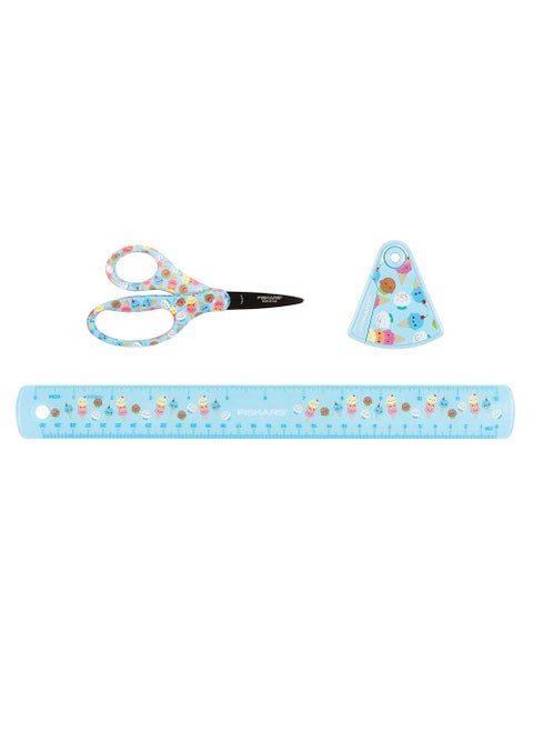 Fiskars Kids 3Piece School Set with NonStick Scissors Ruler and Pencil Sharpener Fun Ice Cream Pattern School Supplies for Ages 4