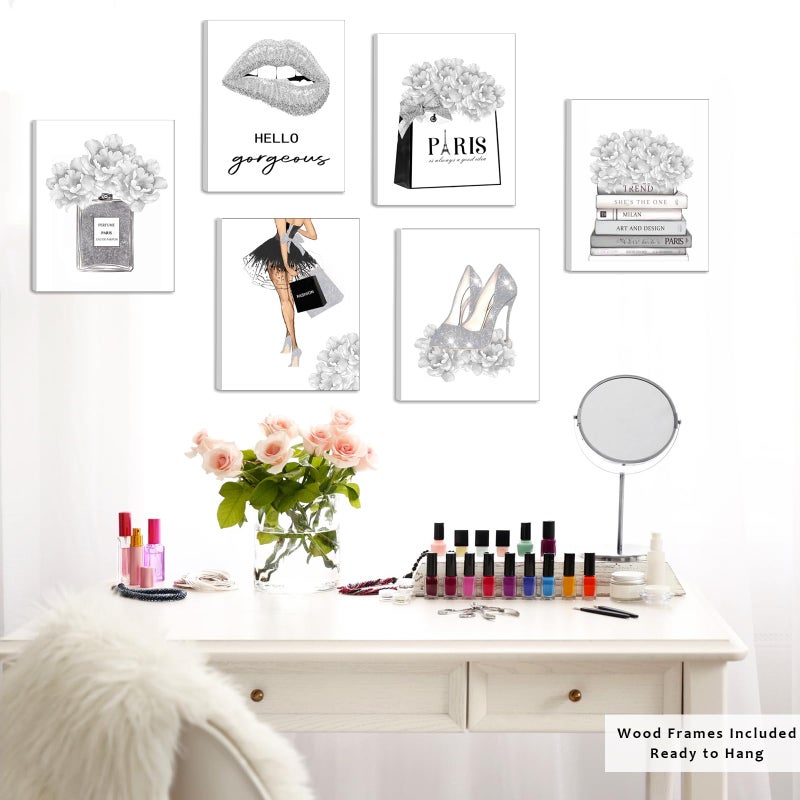 WALTSOM Glam Gray Fashion Wall Decor, FRAMED Woman Makeup Room Wall Art, Fashion Silver Girly Beauty Room Picture Wall Decor for Office Bedroom Bathroom, Watercolor Perfume Handbags High Heels Lipstick Wall Paintings, Ready to Hang (Set of 6, 8x10 in, Framed) - Image 3