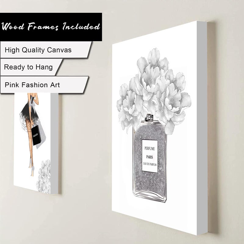 WALTSOM Glam Gray Fashion Wall Decor, FRAMED Woman Makeup Room Wall Art, Fashion Silver Girly Beauty Room Picture Wall Decor for Office Bedroom Bathroom, Watercolor Perfume Handbags High Heels Lipstick Wall Paintings, Ready to Hang (Set of 6, 8x10 in, Framed) - Image 2