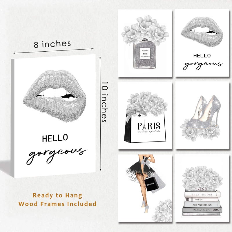WALTSOM Glam Gray Fashion Wall Decor, FRAMED Woman Makeup Room Wall Art, Fashion Silver Girly Beauty Room Picture Wall Decor for Office Bedroom Bathroom, Watercolor Perfume Handbags High Heels Lipstick Wall Paintings, Ready to Hang (Set of 6, 8x10 in, Framed) - Image 5