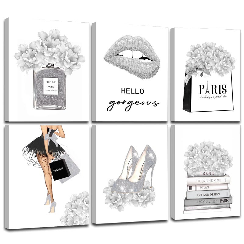 WALTSOM Glam Gray Fashion Wall Decor, FRAMED Woman Makeup Room Wall Art, Fashion Silver Girly Beauty Room Picture Wall Decor for Office Bedroom Bathroom, Watercolor Perfume Handbags High Heels Lipstick Wall Paintings, Ready to Hang (Set of 6, 8x10 in, Framed) - Image 1