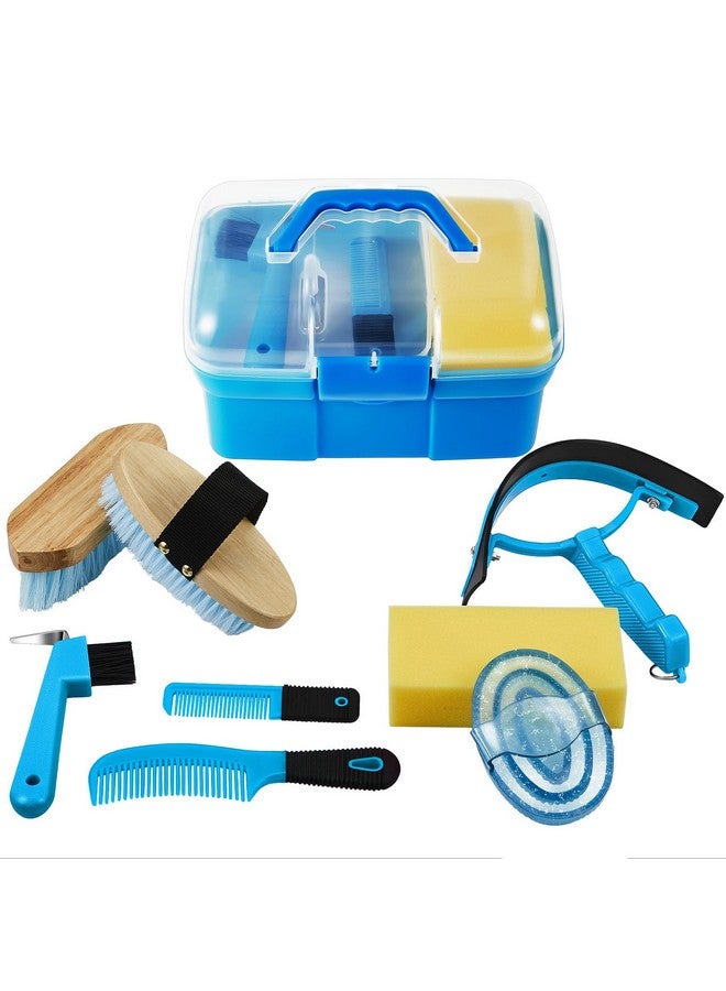 Cunhill 9 Pieces Horse Grooming Kit Tack Room Supplies Set with Organizer Tote Box, Oval Massage Curry, Hard and Soft Brush, Hoof Pick, Sweat Scraper, Bathing Sponge, Combs for Horse Riders Beginners - Image 1