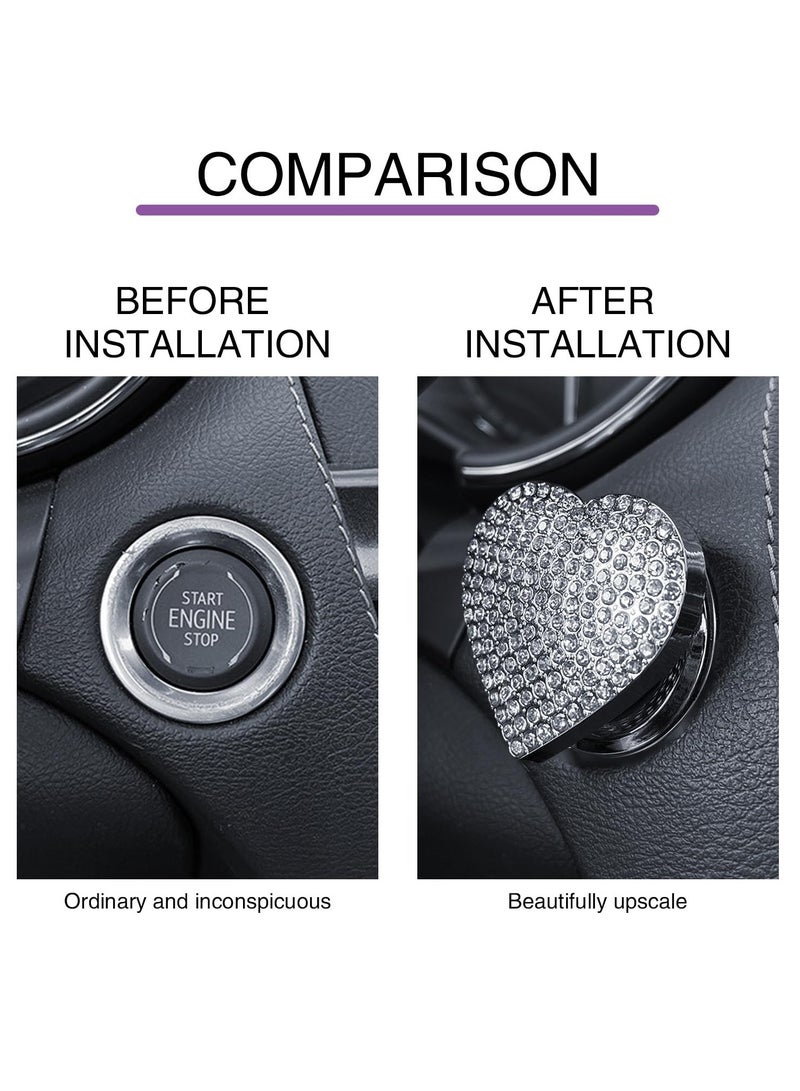 Excefore 1 PC Bling Car Engine Start Button Cover, Rhinestone Heart-Shaped Shiny One-Button Start Decorative Sticker, Anti-Accidental Touching Scratch Protective Cover, Universal for Most Cars, White - Image 4