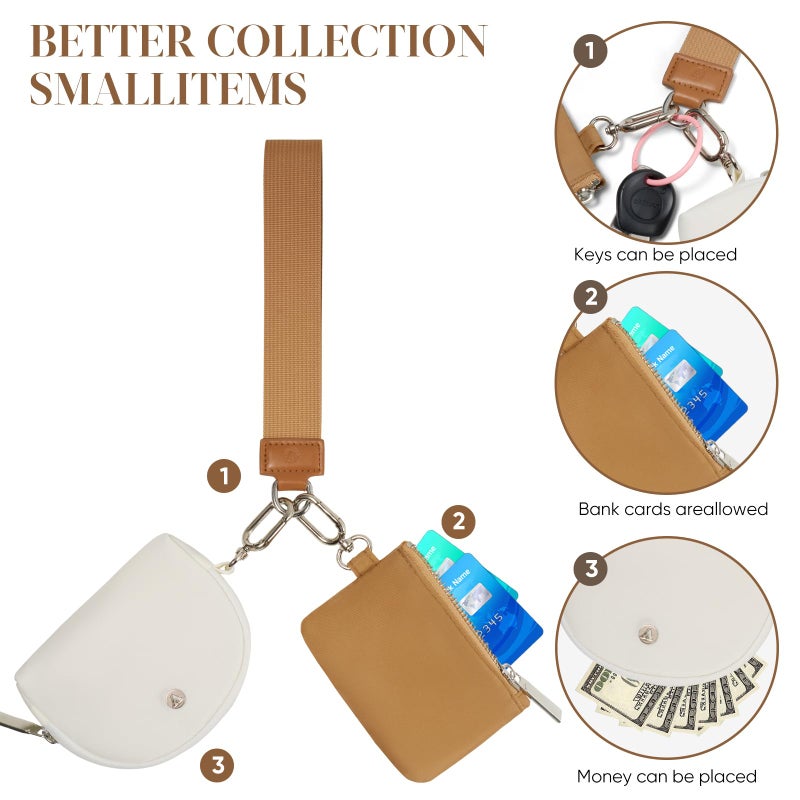 VUTUXA KeyChain Wallet Wristlet Wallets For Women Mini Zip Dual Pouch Wristlet (white+brown) - Image 5