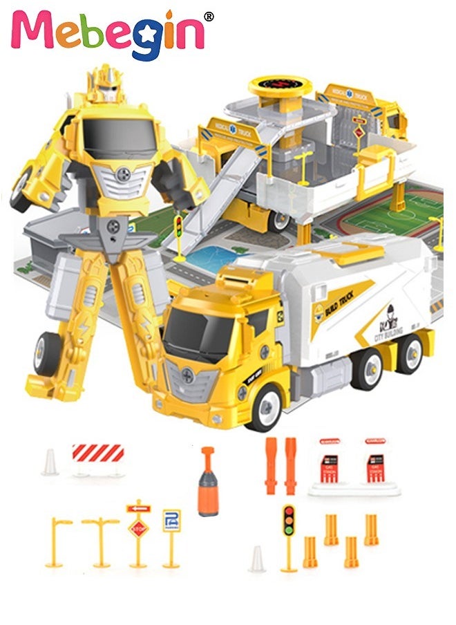 MEBEGIN 3 in 1 Robot Transforming Truck Toy Set with Road Barrier Traffic Signs, Transforming Engineering Car Assembled Toy, Transforming Container Truck, DIY Outdoor Construction Toys for Kids, Perfect Gift for Kids  - Image 1