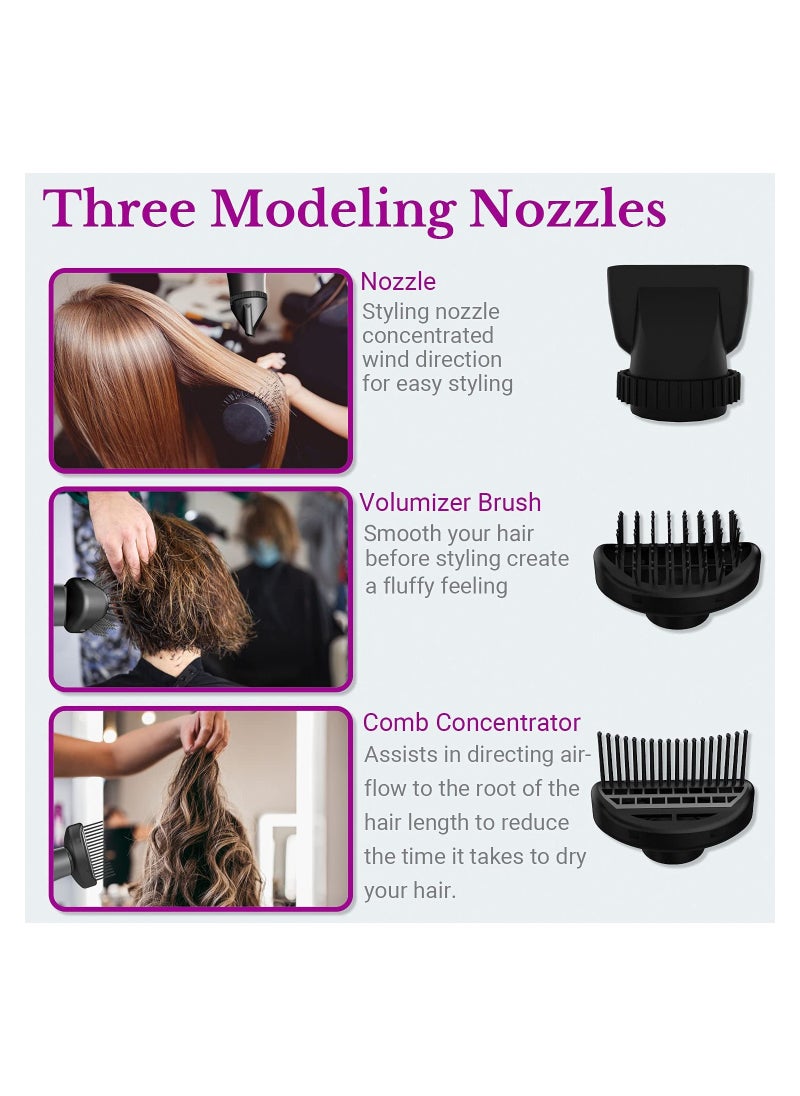 3-in-1 Professional Compact Hair Dryer with Comb & Volumizer Brush & Nozzle Attachment