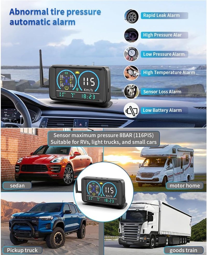 Eacam Tire Pressure Monitoring System with 4 Sensors 4 Alarm Modes Solar RV TPMS for RV Light Trucks and Small Cars - Image 5