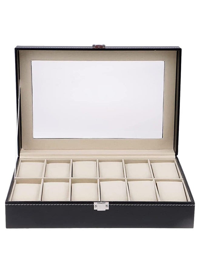 Sky-Touch 12 Grid Watch Box,Pu Leather Watch Case Watch Box For Men And Women,Watch Display Case With Glass Lids And Removable Pillow,Watch Display Storage Box As Gift For Birthday
