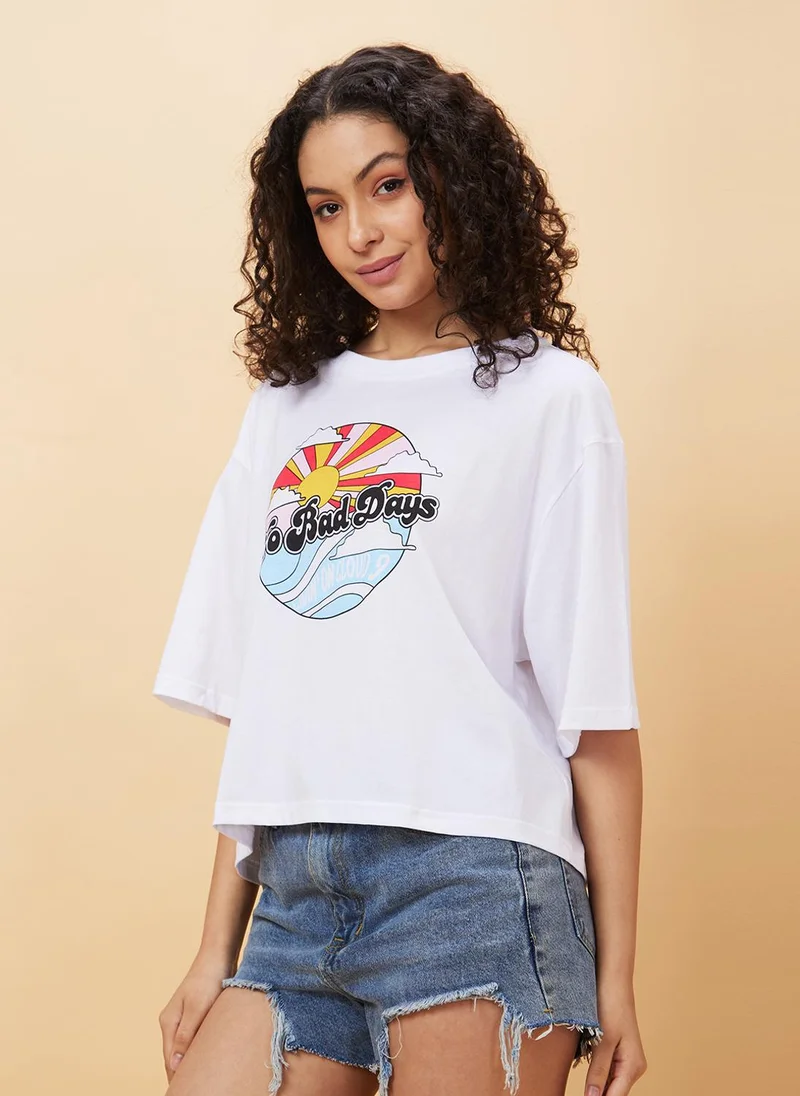 globus Globus Women Typography Printed Drop Shoulder Sleeves Pure Cotton Oversized Crop T-Shirt