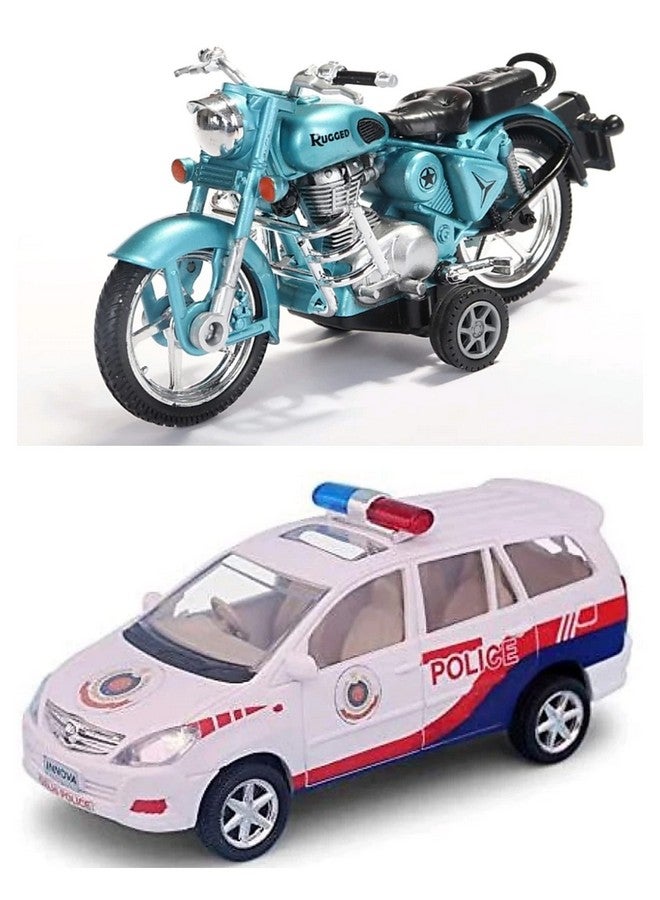 Centy CENTY Toys Pack of 2- The White Colour Police Chase with Sunroof and The Blue Colour Rugged Bike - Realistic Alloy Wheels and Realistic Design- Pull Back Action- Bike is Both Free Wheel and Pull Back - Image 1