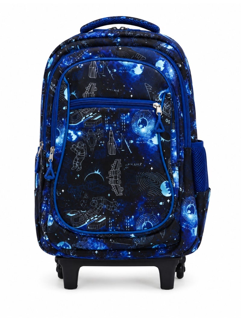 RENOVO School Trolley Backpack with Telescopic Handle – Space Theme, Lightweight Rolling Backpack for Boys - Image 1