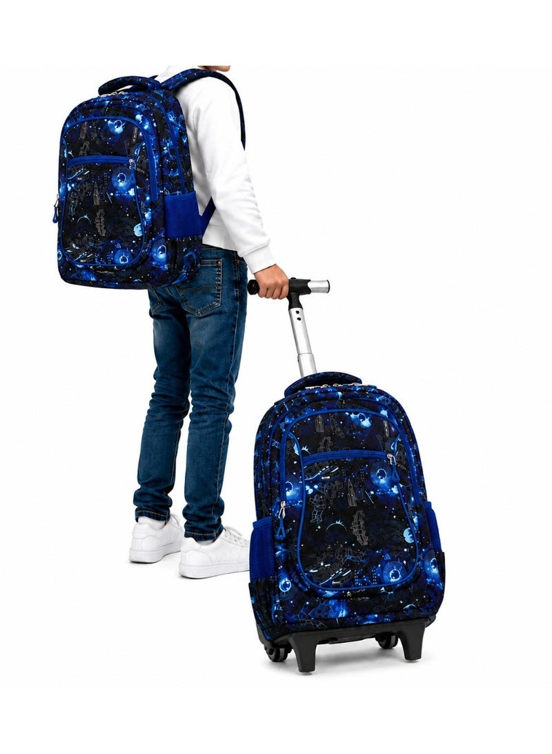 RENOVO School Trolley Backpack with Telescopic Handle – Space Theme, Lightweight Rolling Backpack for Boys - Image 2