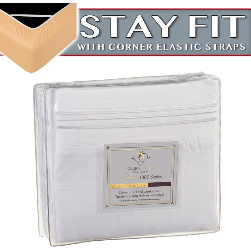 Clara Clark 1800 Series Bed Sheet Sets - Stay fit on Mattress with Elastic Straps at Corners - King  White - Image 2