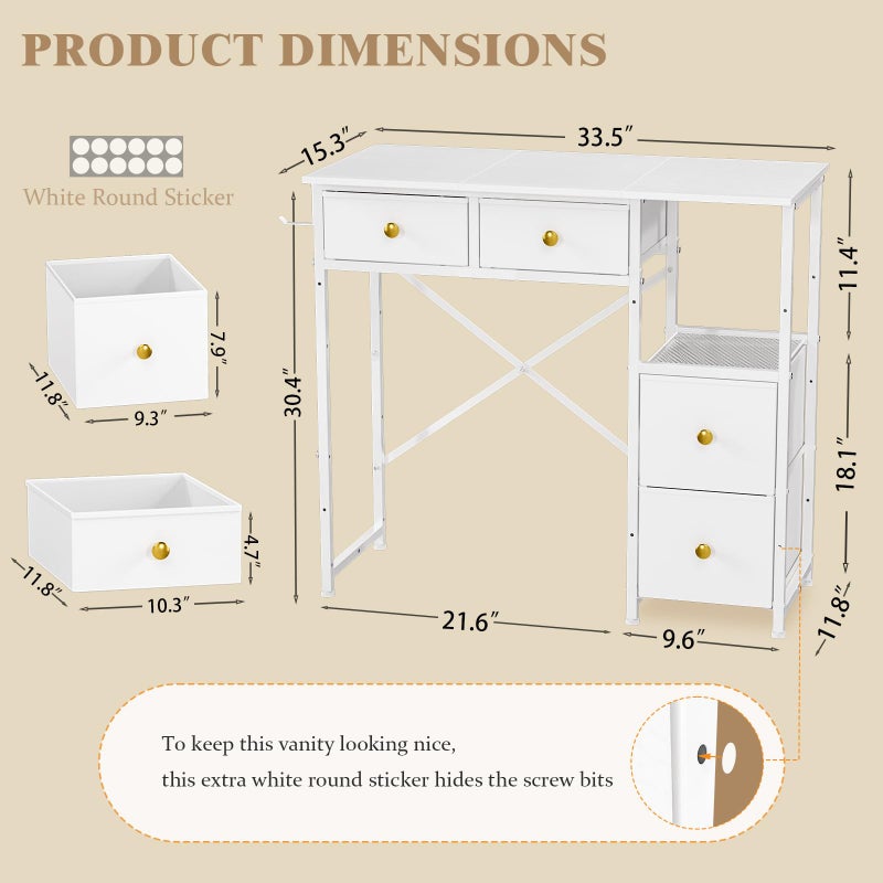 3IngSeagulls White Vanity Desk Without Mirror, Small Makeup Desk with 4 Fabric Drawers, 33.5 Inches Dressing Table with Storage, Vanity Table for Bedroom with Hook, White - Image 2