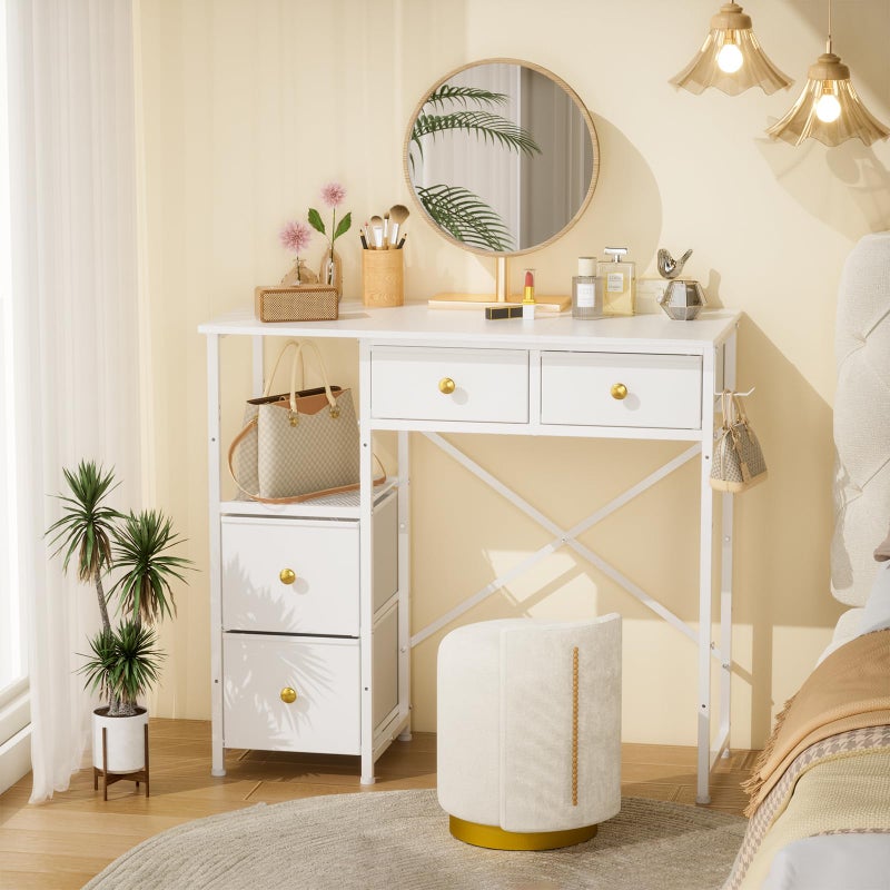 3IngSeagulls White Vanity Desk Without Mirror, Small Makeup Desk with 4 Fabric Drawers, 33.5 Inches Dressing Table with Storage, Vanity Table for Bedroom with Hook, White - Image 1