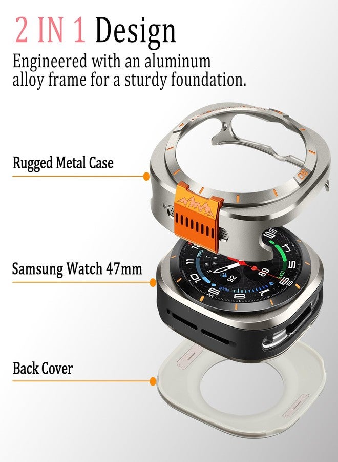 Amizee Metal Case Compatible with Samsung Galaxy Watch Ultra/Ultra 2(2025) 47mm with Back Cover, Rugged Protective Bumper Cover for Galaxy Watch 7/8 Ultra, Titanium/Orange - Image 3
