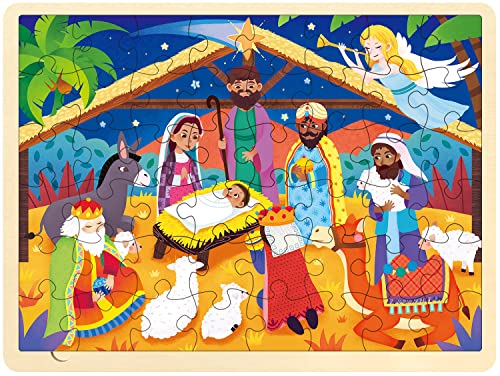 MoinKidz Wooden Nativity Puzzle for Kids Ages 35 48 Piece Puzzles for Kids Ages 48 with Tray Nativity Set Toddler Christmas Wooden Jigsaw Puzzle for 3 4 5 6 7 8 Year Old - Image 1