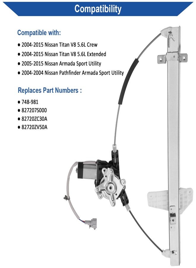 Obaee 748-981 Rear Right Passenger Side Power Window Motor and Regulator Assembly Compatible with Nissan Armada 2005-2015/ Nissan Titan 2004-2015/ Nissan Pathfinder Armada 2004, Replace OE 827207S000 - Image 2