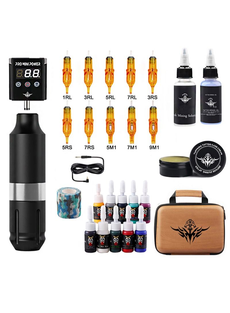 HaLunhi Wireless tattoo machine kit, rotary tattoo machine with power supply LCD digital 1800mAh lithium battery, voltage regulator adapter, 10 kinds of ink and tattoo needles and its tattoo peripheral set - Image 1