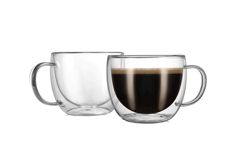CNGLASS Double Wall Glass Cappuccino Mugs 81ozClear Insulated Glass Coffee Mug with Handle for EspressoLatteTeaSet of 2
