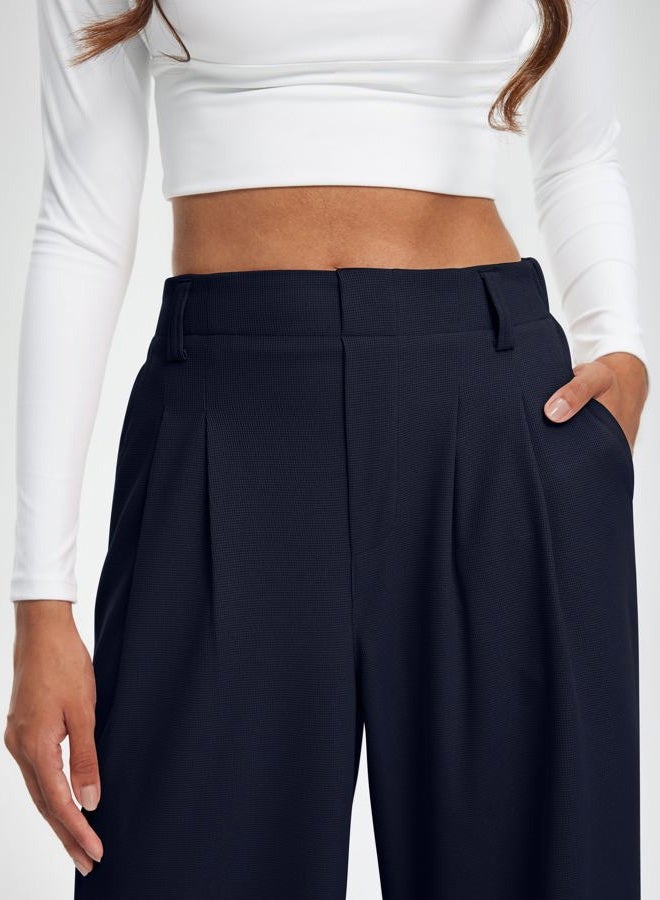 Libin Women's Wide Leg Pants 27"/29" High Waisted Waffle Knit Casual Slacks Work Pants Business Palazzo Trousers with Pockets, 02-navy Blue, L - Image 5