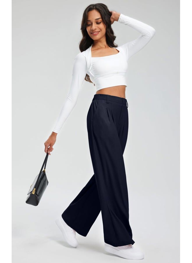 Libin Women's Wide Leg Pants 27"/29" High Waisted Waffle Knit Casual Slacks Work Pants Business Palazzo Trousers with Pockets, 02-navy Blue, L - Image 3