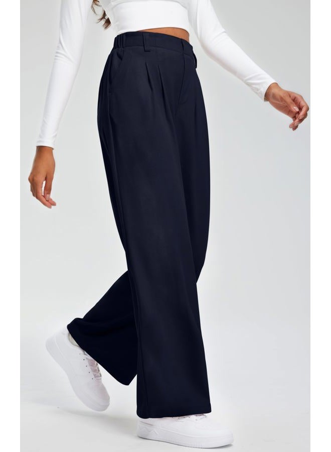 Libin Women's Wide Leg Pants 27"/29" High Waisted Waffle Knit Casual Slacks Work Pants Business Palazzo Trousers with Pockets, 02-navy Blue, L - Image 4