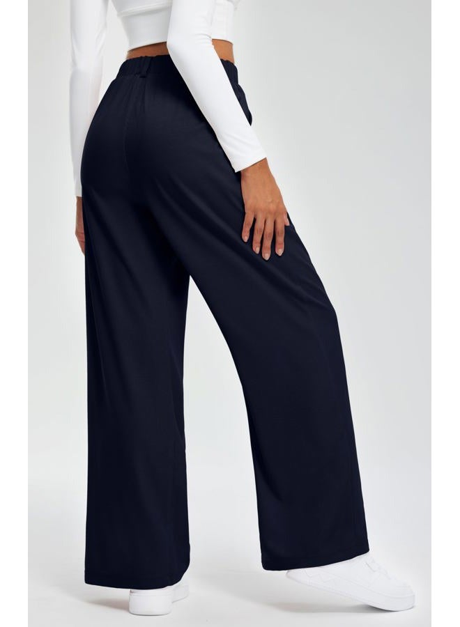 Libin Women's Wide Leg Pants 27"/29" High Waisted Waffle Knit Casual Slacks Work Pants Business Palazzo Trousers with Pockets, 02-navy Blue, L - Image 2