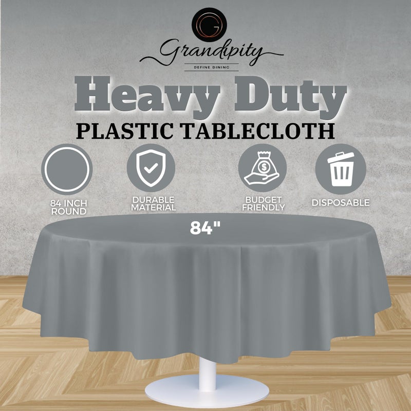 Grandipity Silver 6 Pack Premium Disposable Plastic Tablecloth 84"" Inch Round Table Cover - Image 2