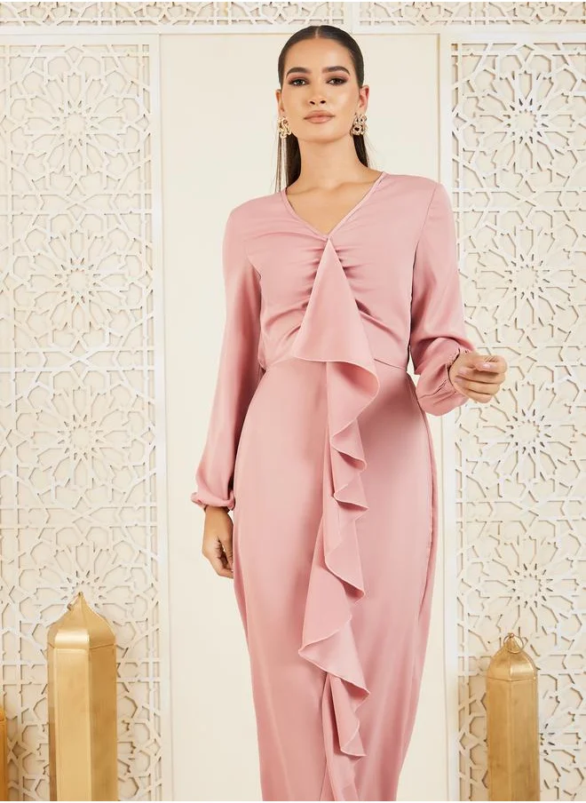 Styli Styli Satin Ruffle Detail Bodycon Maxi Dress