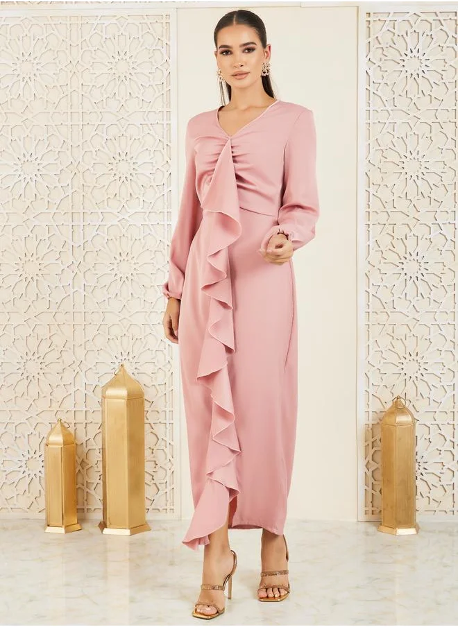 Styli Styli Satin Ruffle Detail Bodycon Maxi Dress