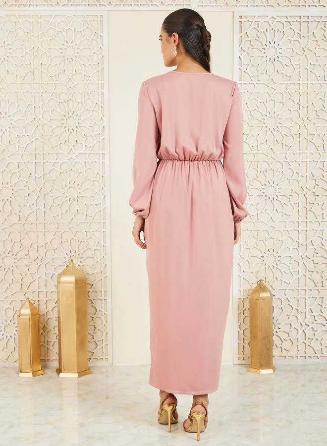 Styli Styli Satin Ruffle Detail Bodycon Maxi Dress