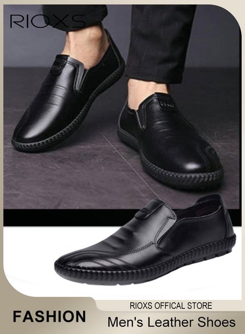 Men's Business Leather Shoes, Black Formal Shoes For Men, Round Toe Oxford Shoes, Stylish Classic Loafer, Comfortable Formal Loafer Shoes, Lightweight Walking Flats, Non Slip Work Shoes For Daddy Husband Boyfriend, Business Shoes For Daily Wear And Formal Occasions