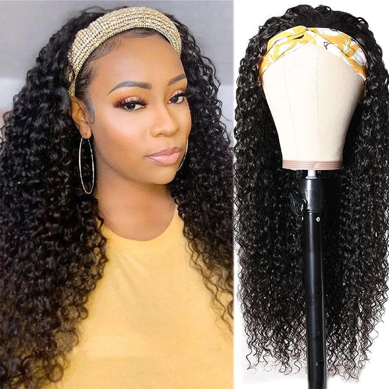 Deep Wave Headband Wigs Human Hair for Black Women 180 Density Brazilian Virgin Human Hair None Lace Front Wig Machine Made Wigs Glueless Deep Curly Headband Human Hair Wig 26 Inch