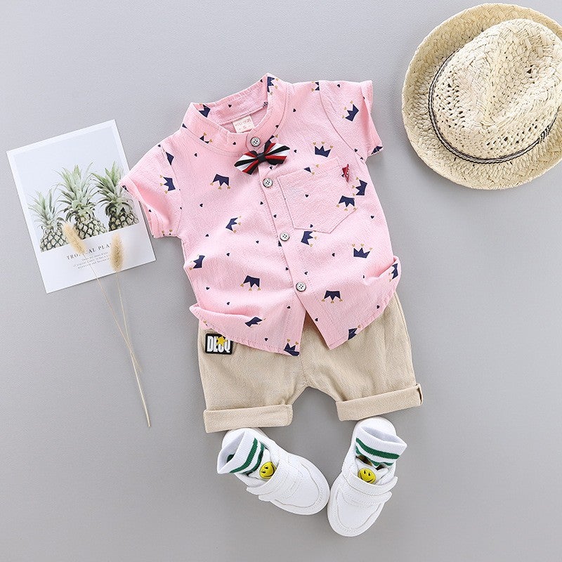 Childrens Clothing Summer Short-sleeved Shirt suit Western Style Handsome Mens Baby Summer Wear Thin Two-piece Set Baby Childrens Clothes Children Pink