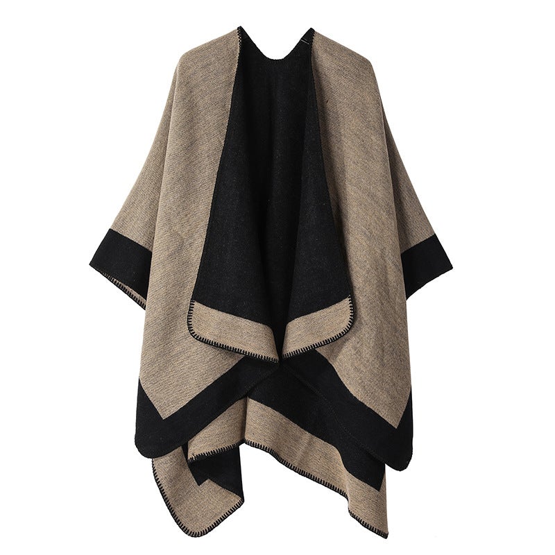 Warm Shawl Wrap Double-Faced Ethnic Style Black Camel striped frame 