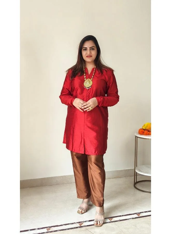 trueBrowns  Red Silk Kurta Co-ord Set for Women | Best Price UAE
