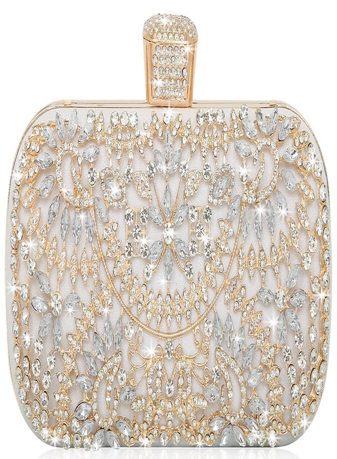 Covelin Women's Rhinestone Decorated Evening Bag, Tote Shoulder Crossbody Handbag with Chain White, White, Medium - Image 1