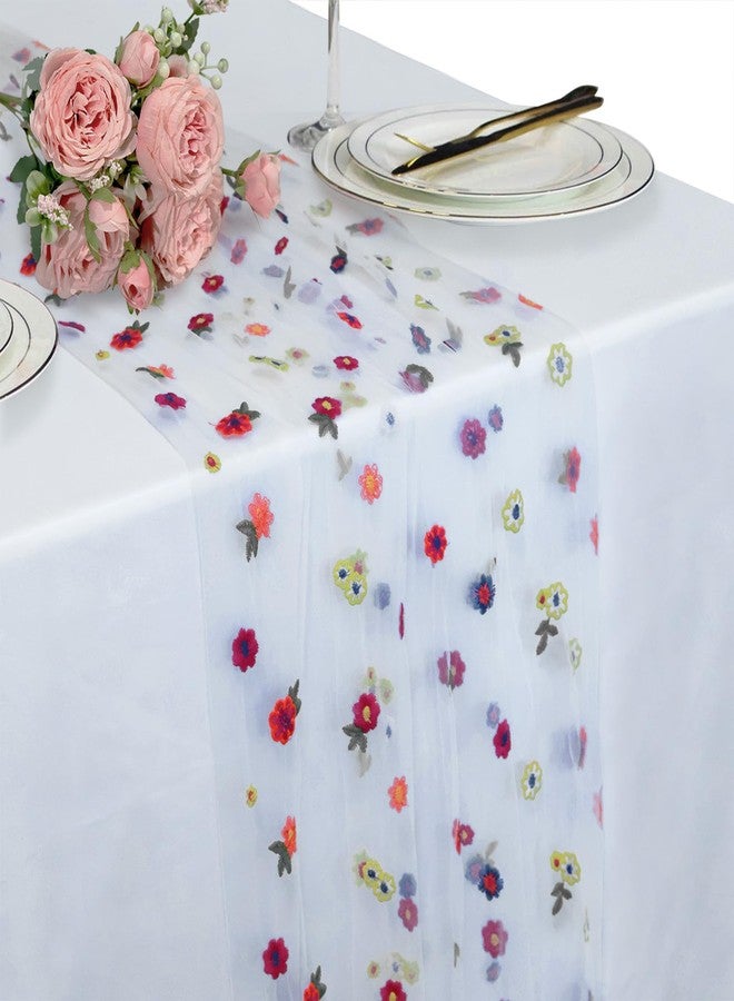 NSdawali Ivory Floral Gauze Table Runner 10FT Embroidery Daisy Spring Summer Seasonal Table Runner Chiffon Lace Tulle Table Decor for Home Dining Wedding Party Decorations - Image 1