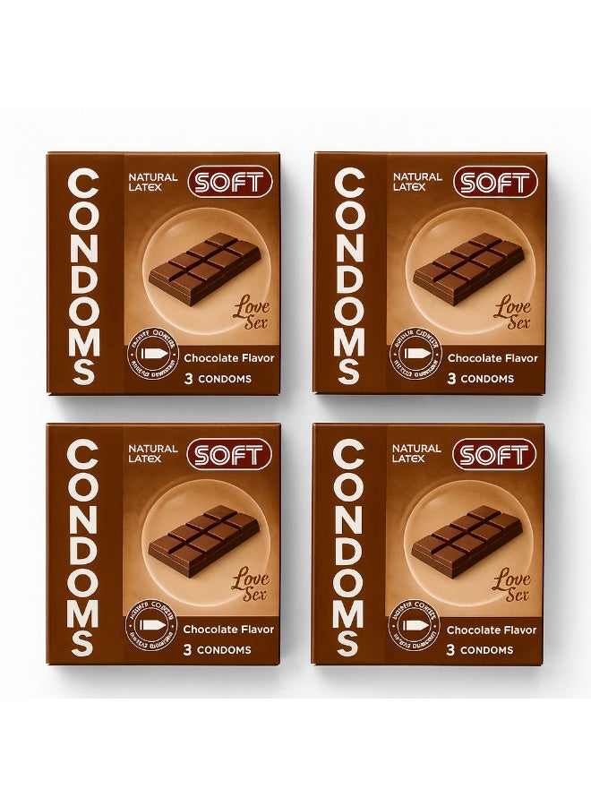 واقي ذكري بنكهة الشوكولاتة – لاتكس طبيعي – 4 علب × كل علبة تحتوي 3 قطع (إجمالي 12 قطعة)