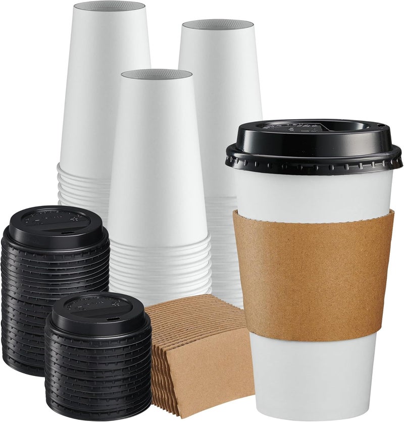 Gusto Comfy Package [16 oz. - 100 Sets Disposable Coffee Cups with Lids and sleeves - To Go Paper Hot Cups for Travel and Office Use - Image 1